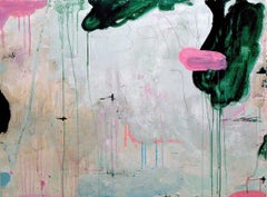 Clouds Are Changing, abstract mixed media painting, pink, green and white