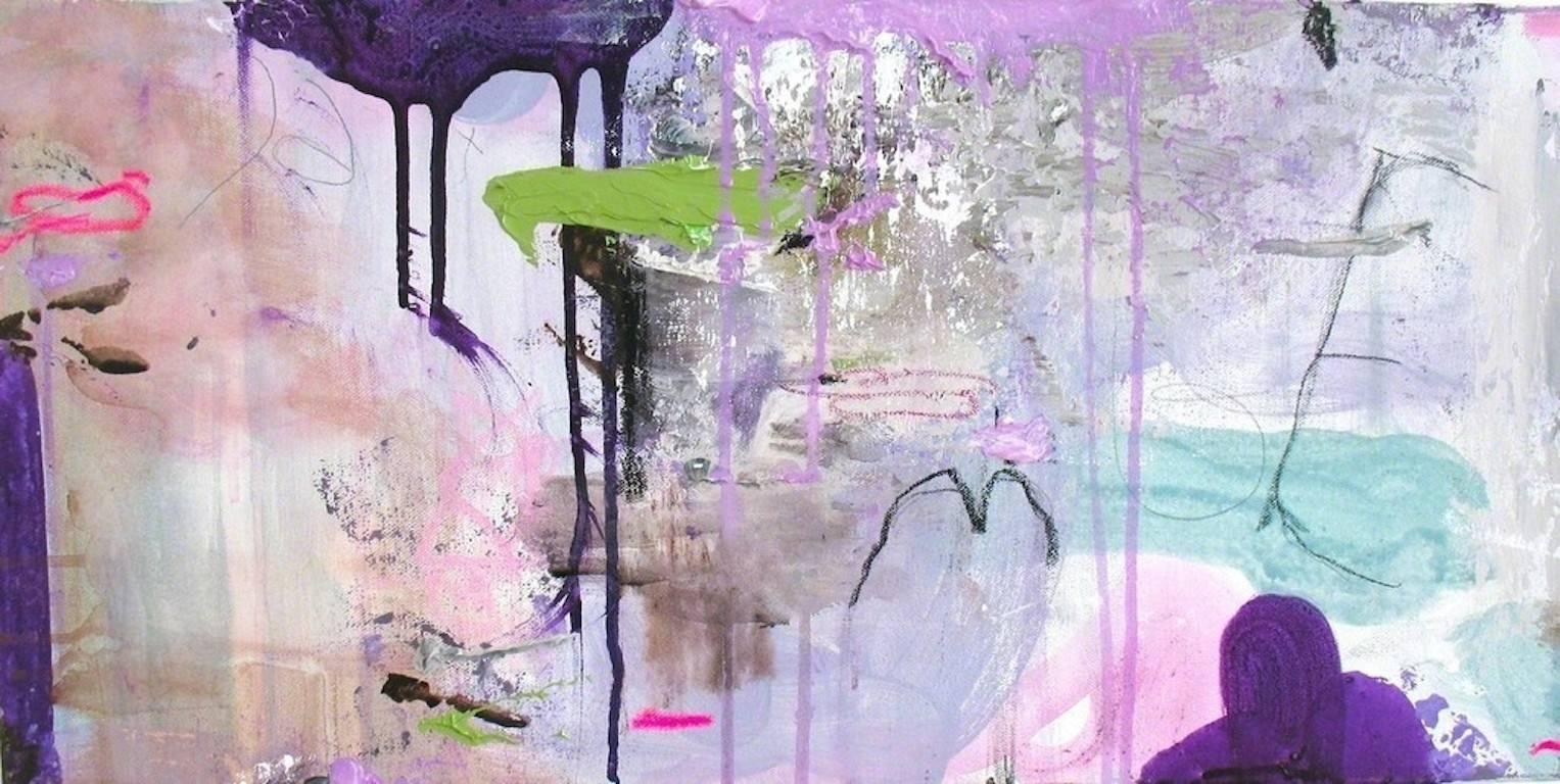 Abstract Painting di Lisa Fellerson - Crush, acrilico su tela, 12 x 22 pollici. Composizione astratta, viola e rosa
