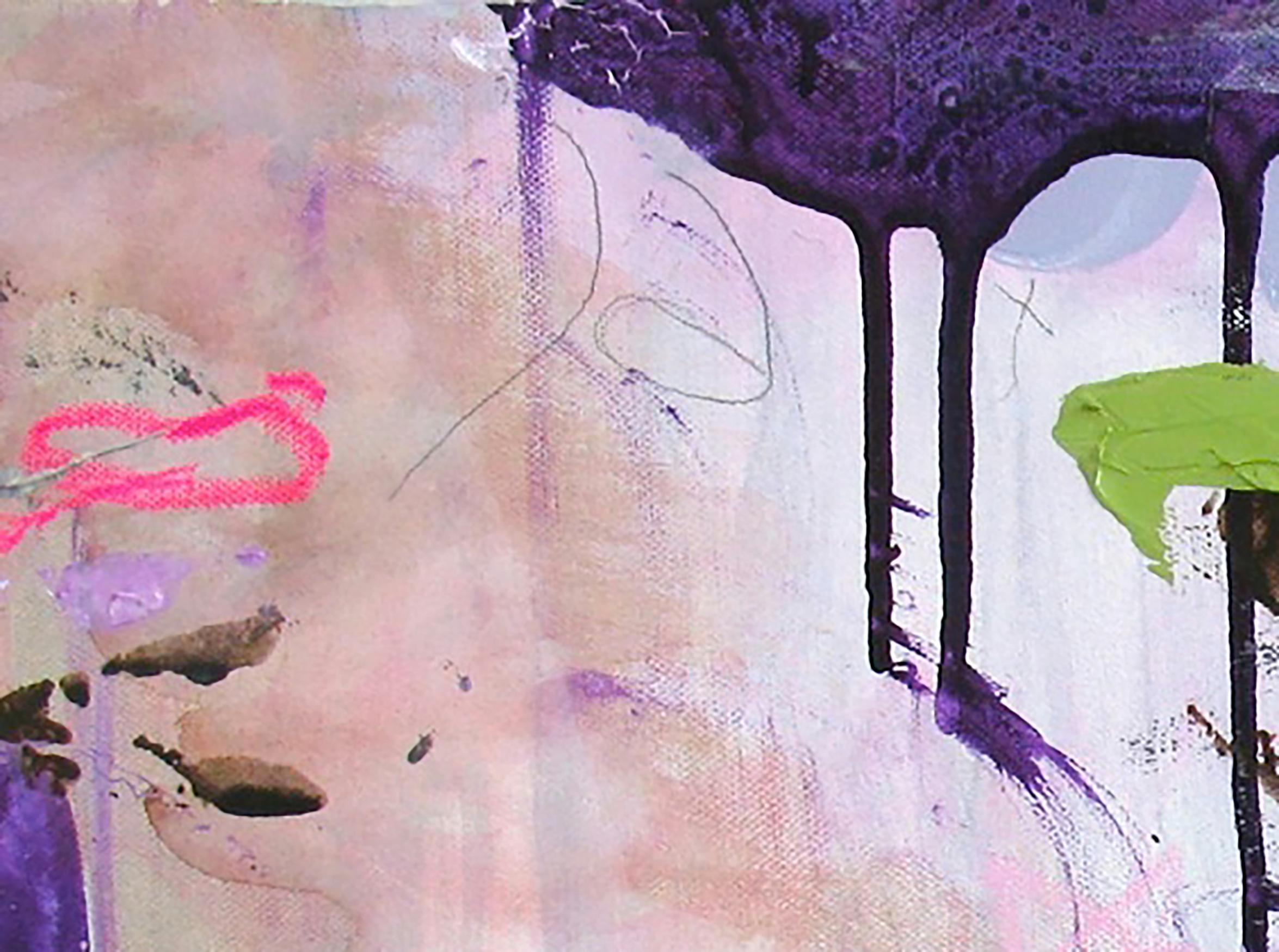 Crush, acrilico su tela, 12 x 22 pollici. Composizione astratta, viola e rosa - Painting di Lisa Fellerson