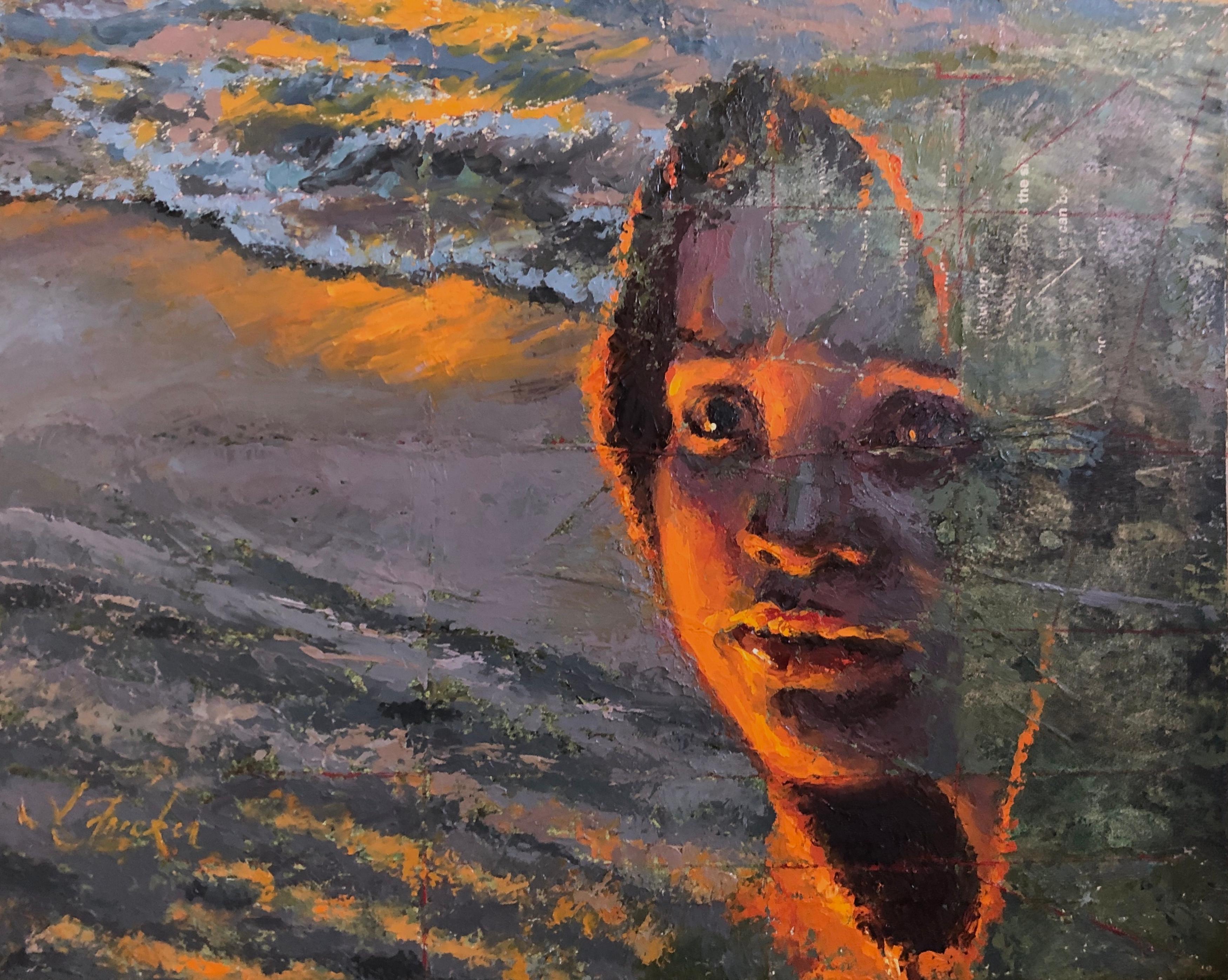 "Fireside" (2022) di Lisa Fricker, ritratto originale a olio