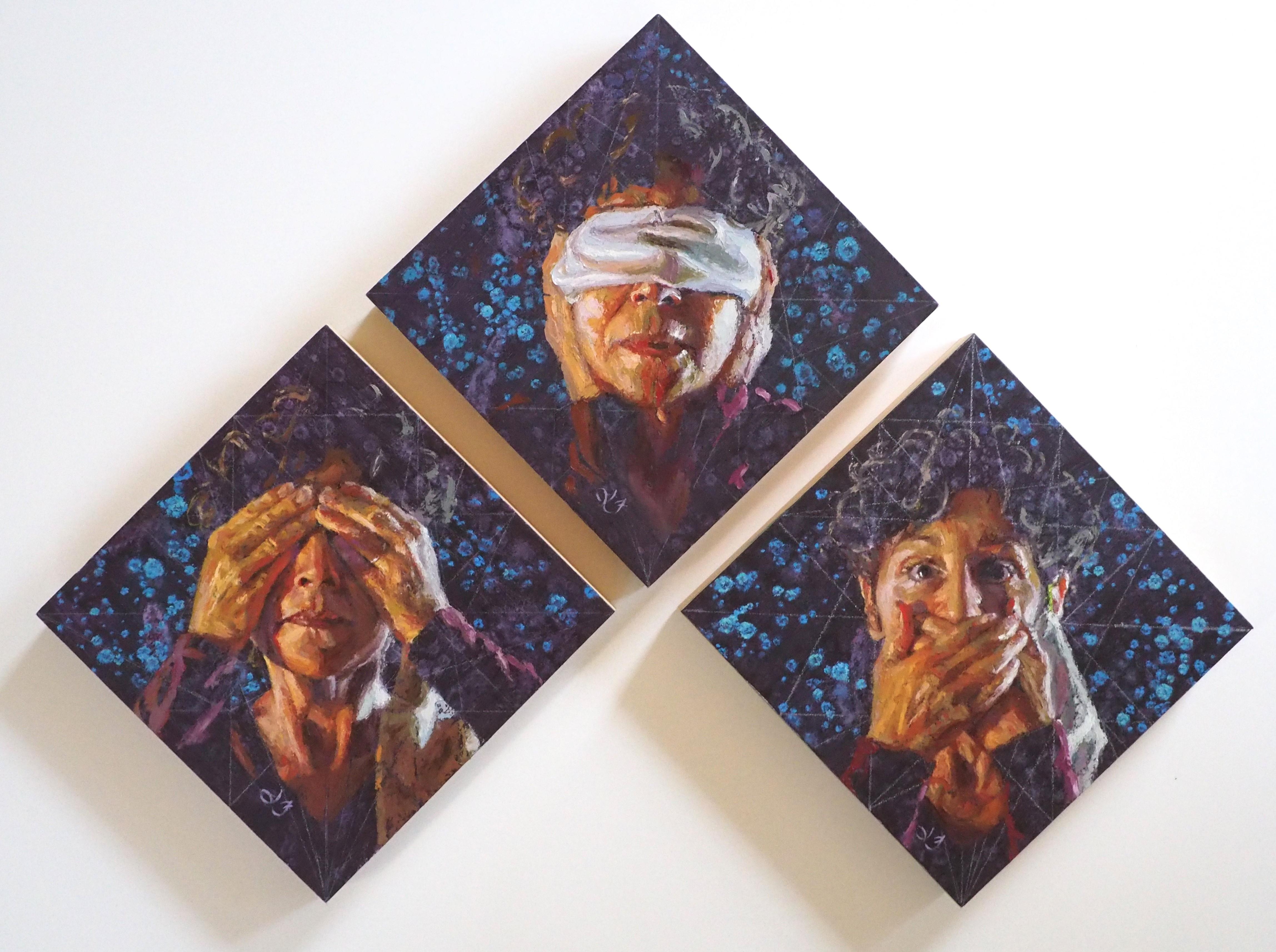 Lisa Fricker Portrait Painting - "Three Monkeys (Triptych), " Oil painting
