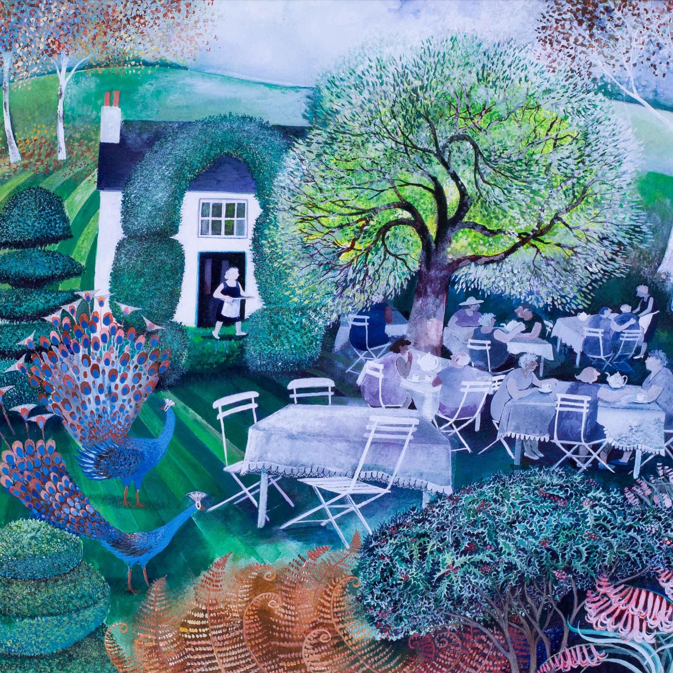 'Peacock Tea Gardens', gouache on paper, 20th Century, Danish Lisa Graa Jensen For Sale 1