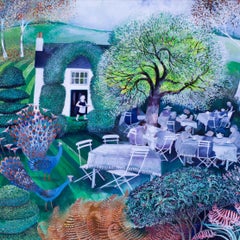 'Peacock Tea Gardens', gouache on paper, 20th Century, Danish Lisa Graa Jensen