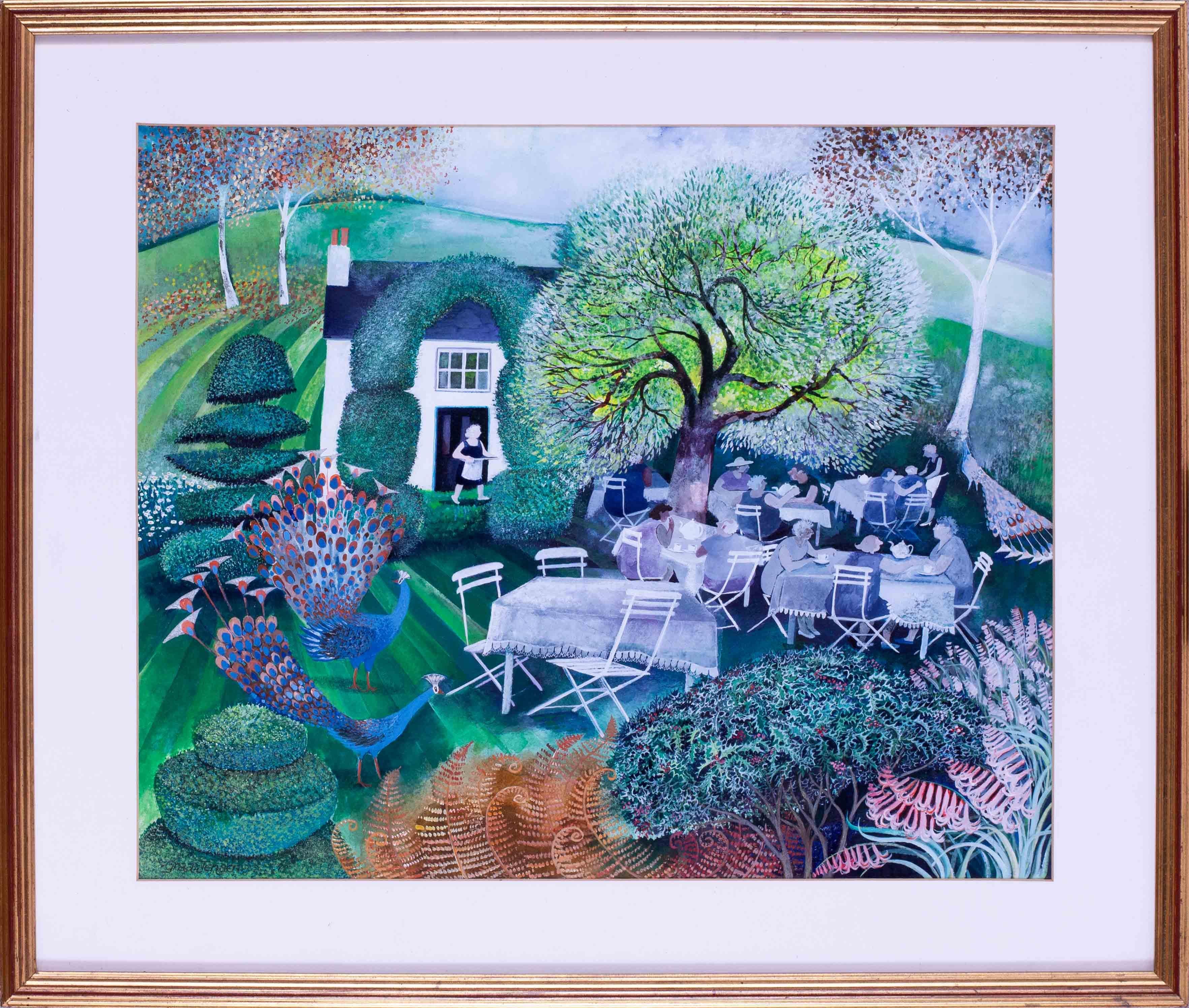 Jardines de té del pavo real", gouache sobre papel, Siglo XX, Danesa Lisa Graa Jensen