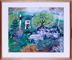 Vintage 'Peacock Tea Gardens', gouache on paper, 20th Century, Danish Lisa Graa Jensen