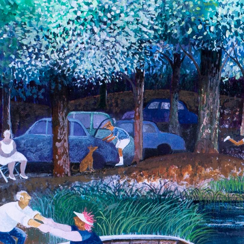'Sunday Boating', gouache on paper, 20th Century, Danish artist Lisa Graa Jensen For Sale 1
