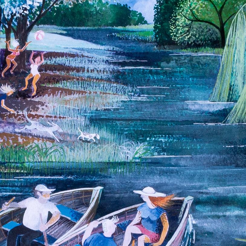 'Sunday Boating', gouache on paper, 20th Century, Danish artist Lisa Graa Jensen For Sale 2