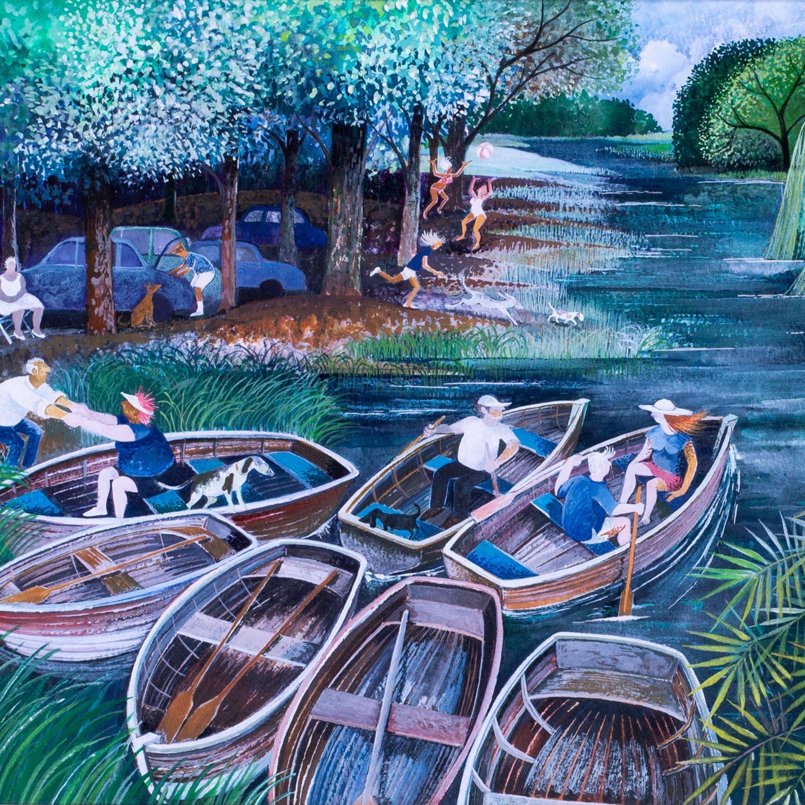 'Sunday Boating', gouache on paper, 20th Century, Danish artist Lisa Graa Jensen For Sale 4