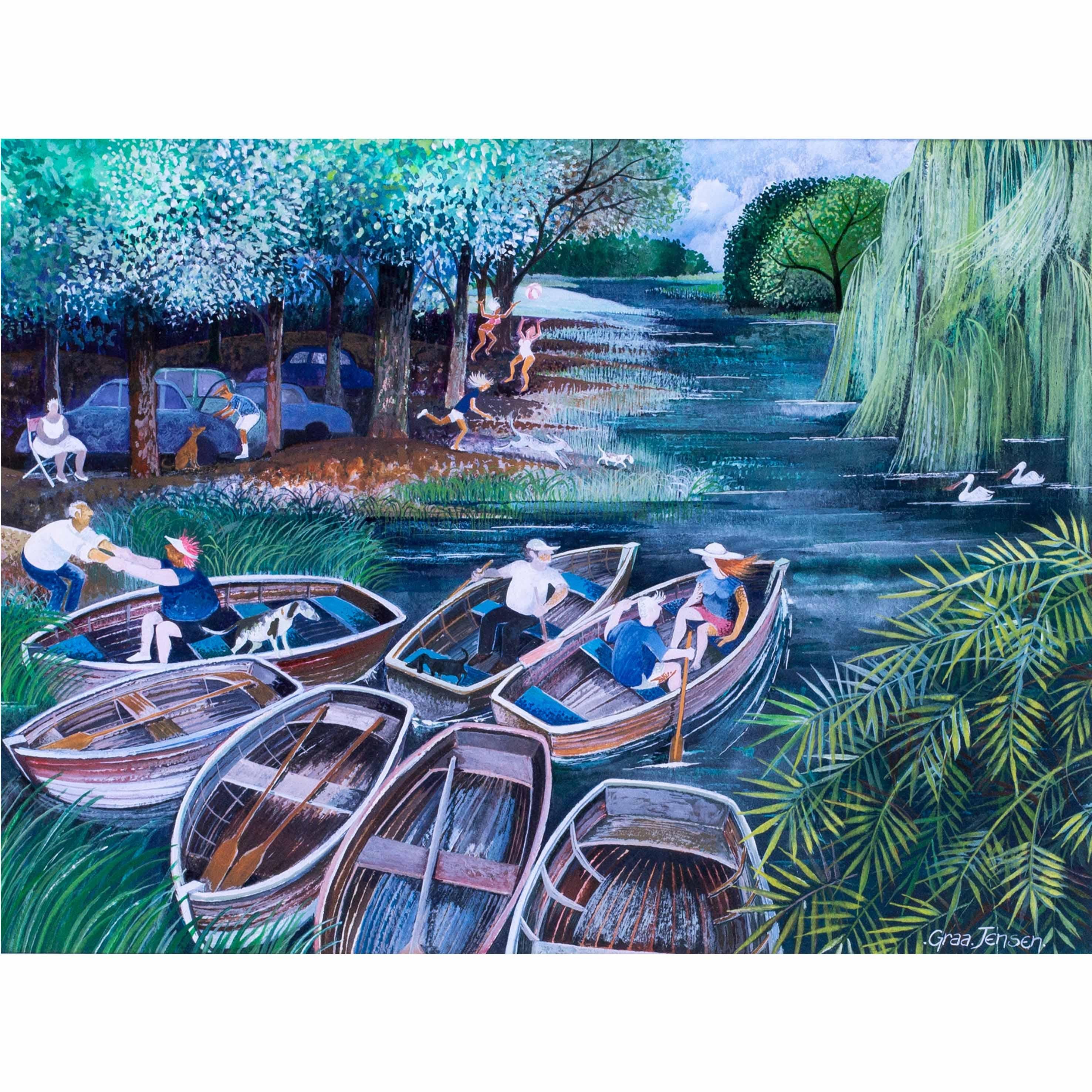'Sunday Boating', gouache on paper, 20th Century, Danish artist Lisa Graa Jensen For Sale 6