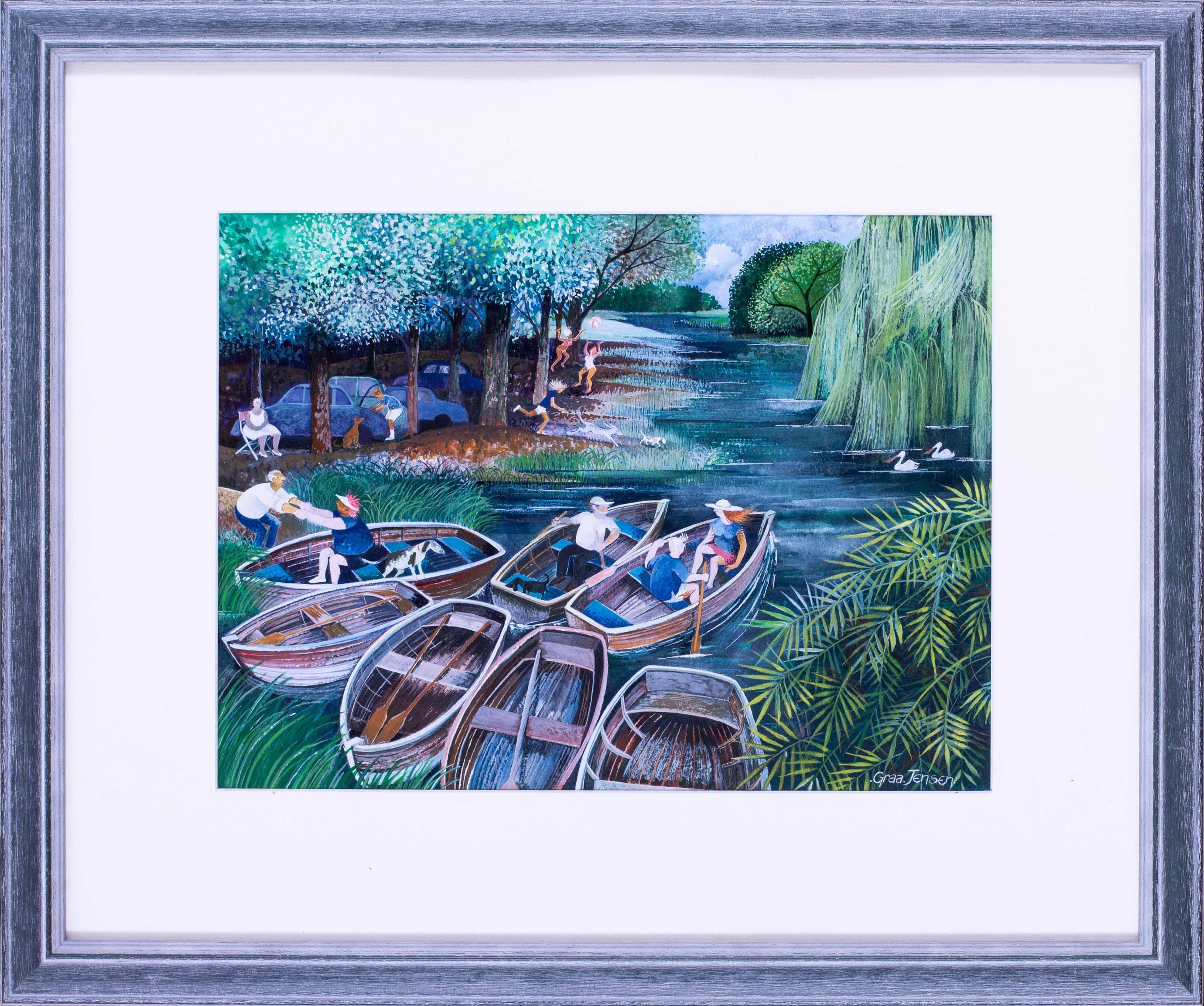 Domingo en barco", gouache sobre papel, siglo XX, artista danesa Lisa Graa Jensen