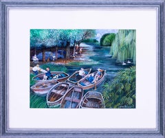 Vintage 'Sunday Boating', gouache on paper, 20th Century, Danish artist Lisa Graa Jensen