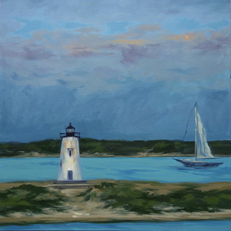 Diptych: Harbor Light in Moonlight, Painting, Oil on Canvas For Sale 1