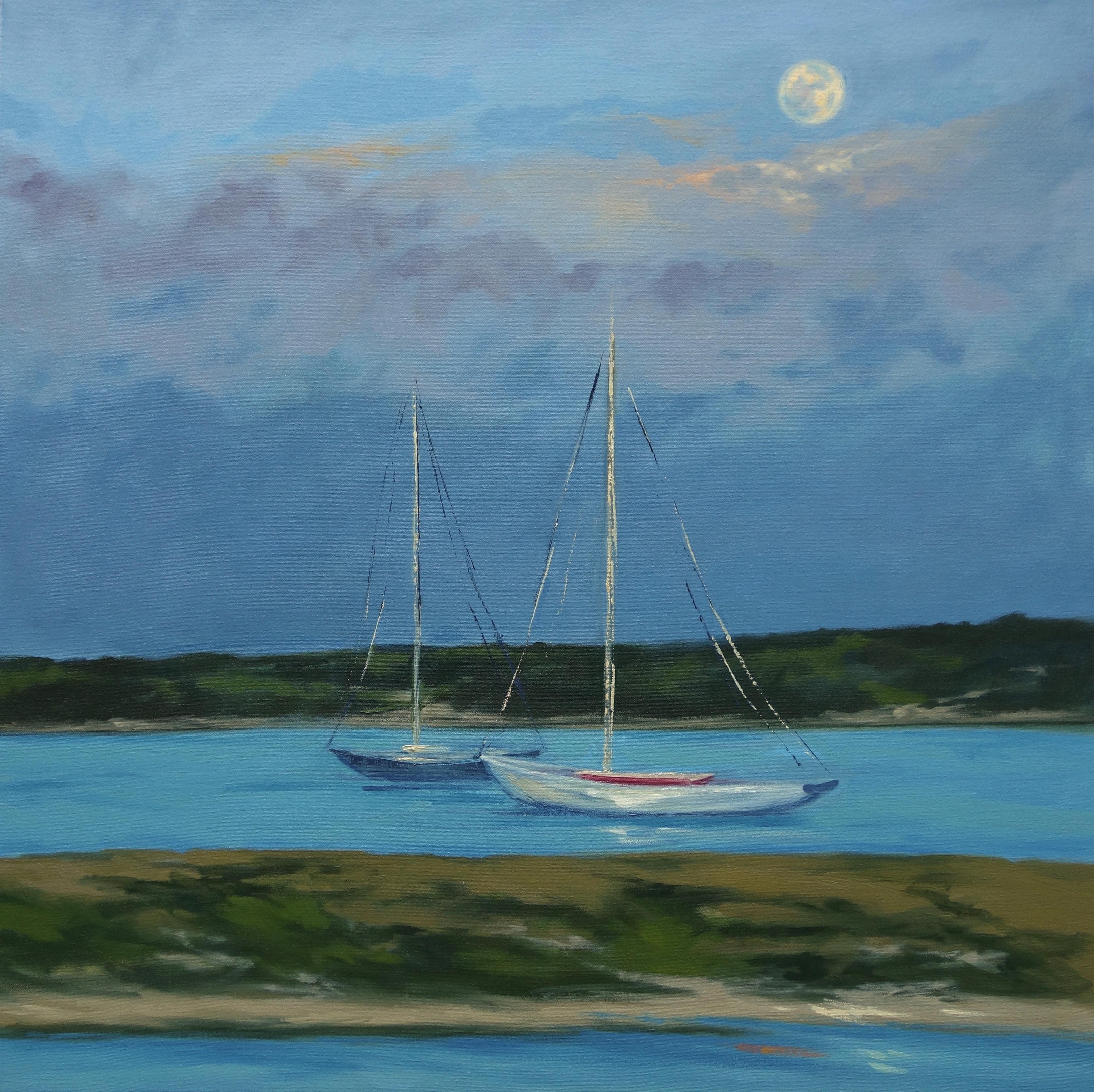 Diptych: Harbor Light in Moonlight, Painting, Oil on Canvas 2