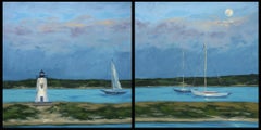Diptych: Harbor Light in Moonlight, Painting, Oil on Canvas
