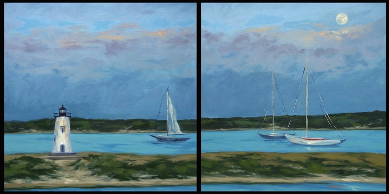 Title: Harbor Lighthouse in Moonlight Diptych ( two 30x30 canvases)  Size: 30"H x 60"W x 1.5" Deep  Medium: Oil on Canvas    This is a diptych 30"x60". Two separate 30"x30" paintings painted on stretched â€œgalleryâ€ canvas, 1.5" deep. They can be