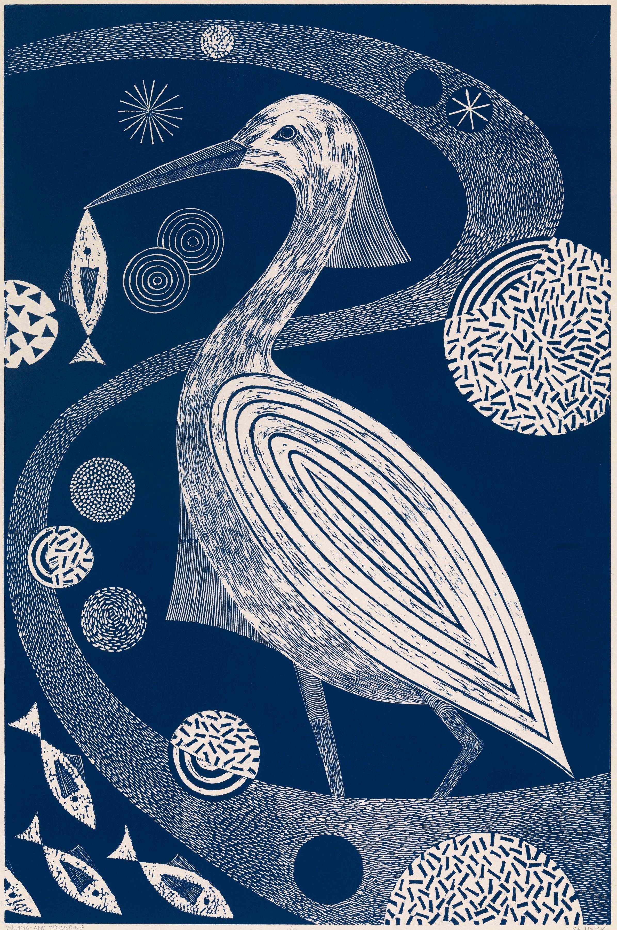 'Chittering and Chattering,'  Linoleum Block Print, Edition 10,  35 1/4 x 23 1/4 Inches, is one of a series of 8 related prints in this size in varying shades of blue.   Sold individually or as sets of 2, 3, 4, 5, 6, 7 or 8. 

There is also a
