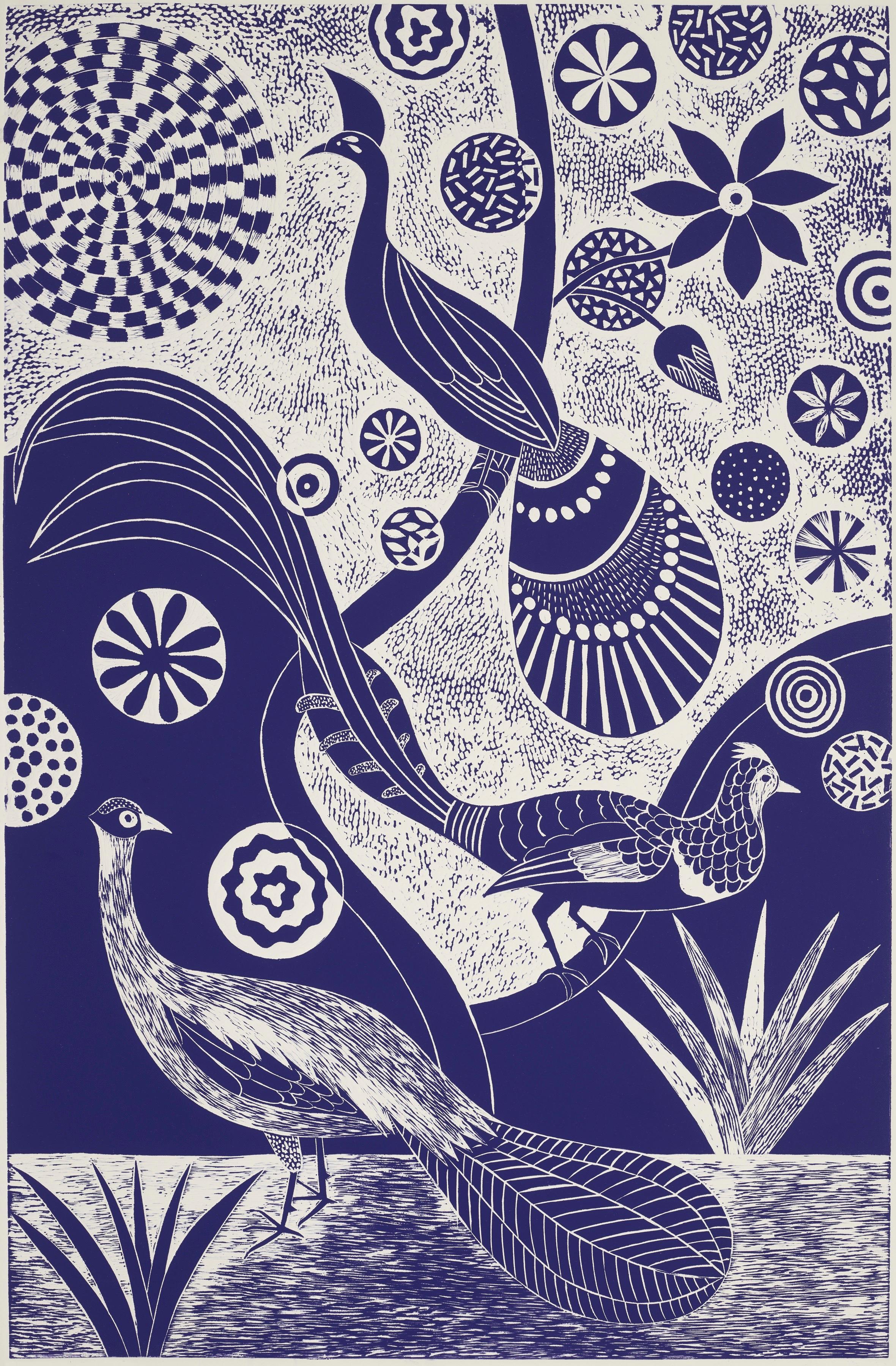 'Chittering and Chattering'  Folk-like linoleum print of birds in blue and white For Sale 2