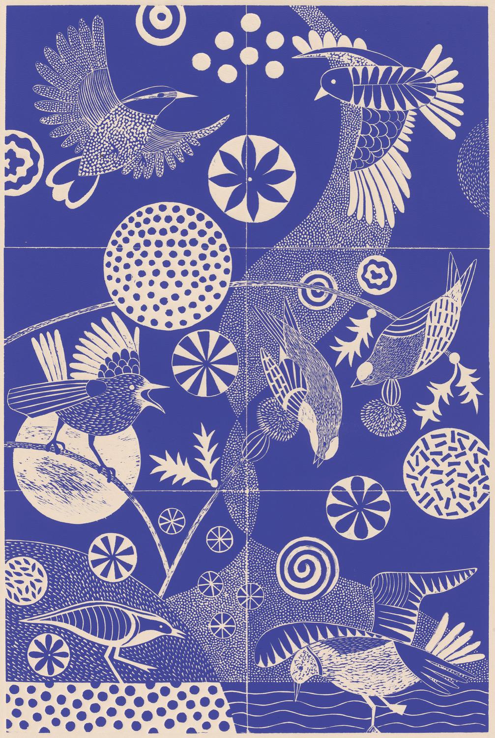 Lisa Houck Figurative Print - 'Chittering and Chattering'  Folk-like linoleum print of birds in blue and white