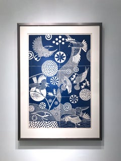 "Chittering and Chattering, " Folk inspired Blue Linoleum Block Print of Birds