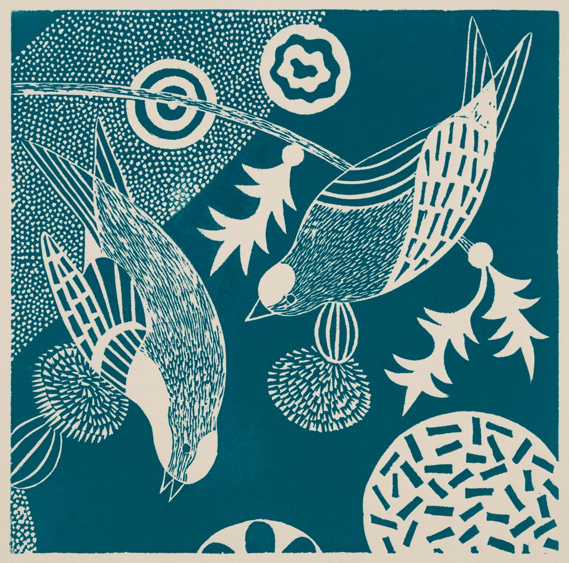 'Chittering and Chattering I'  Folk inspired blue/white linoleum print of bird - Contemporary Print by Lisa Houck