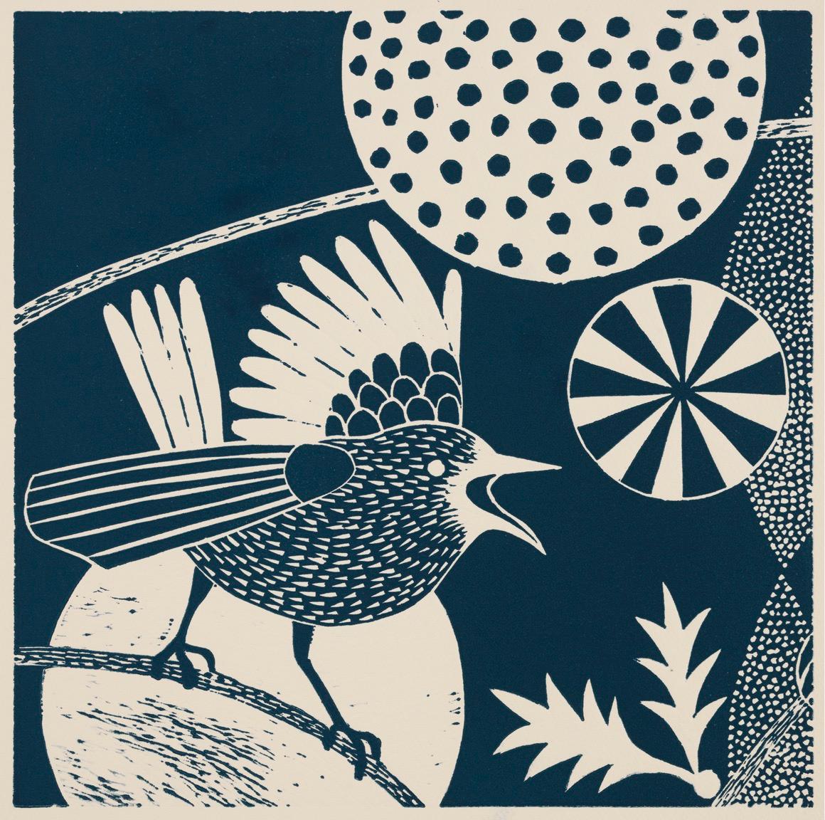 'Chittering and Chattering I'  Folk inspired blue/white linoleum print of bird - Blue Figurative Print by Lisa Houck