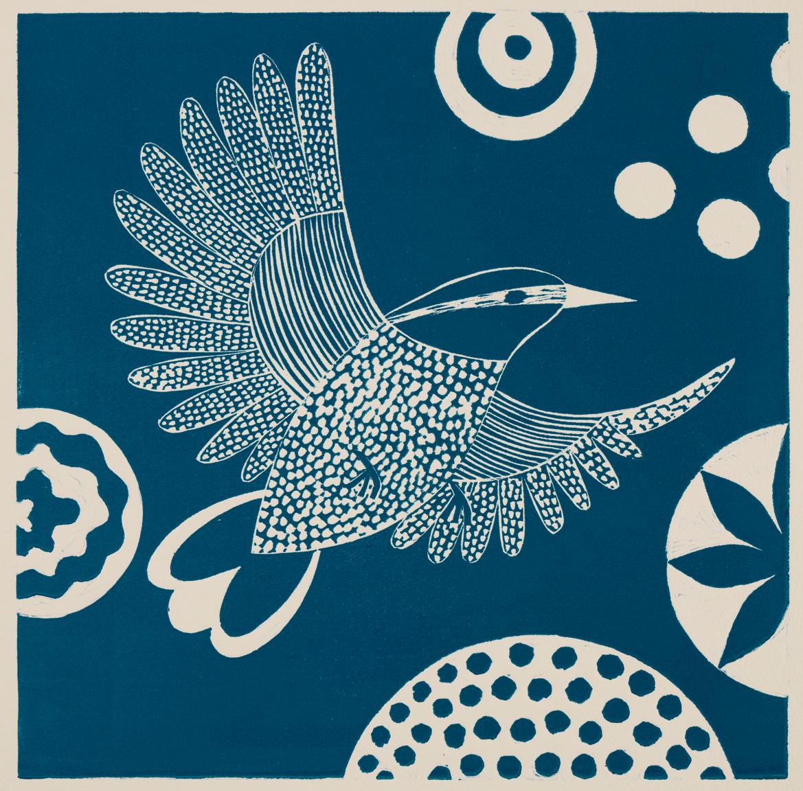 'Chittering and Chattering I'  Folk inspired blue/white linoleum print of bird