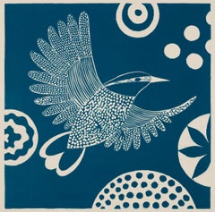 'Chittering and Chattering I'  Folk inspired blue/white linoleum print of bird