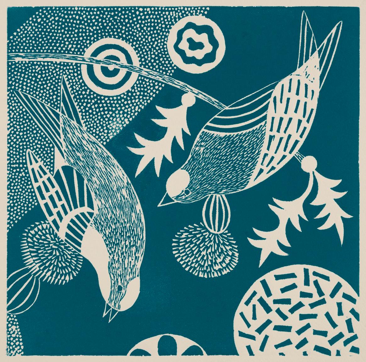 'Chittering and Chattering VI'   Folk inspired blue/white linoleum print of bird - Print by Lisa Houck