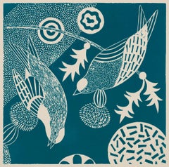 'Chittering and Chattering VI'   Folk inspired blue/white linoleum print of bird