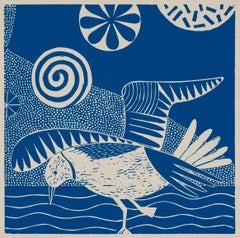 'Chittering and Chattering VI'   Folk inspired blue/white linoleum print of bird