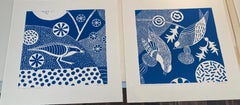 "Chittering & Chattering I"  Folk inspired linocut series of bird, blue/white,