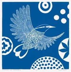 "Chittering & Chattering I"  Folk inspired linocut series of bird, blue/white, 