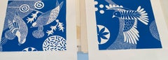 "Chittering & Chattering II"  Folk inspired linocut series bird, blue and white