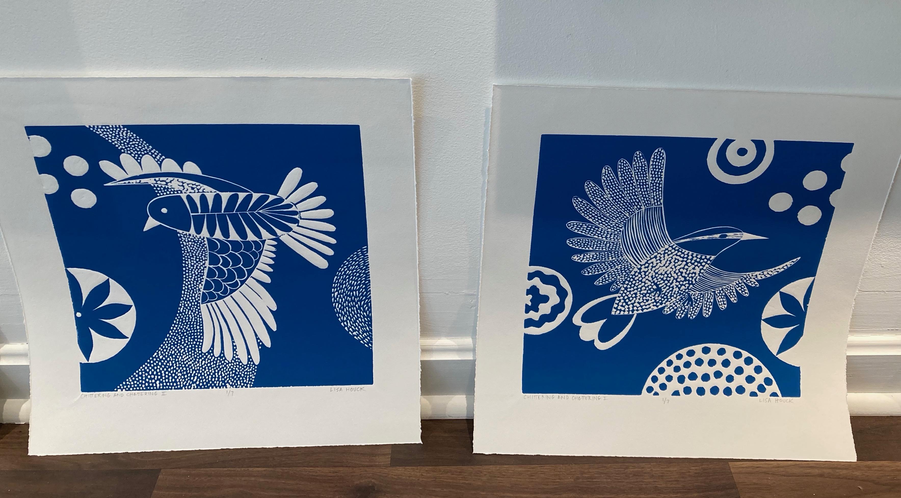 Lisa Houck
'Chittering and Chattering II'  
Linoleum Block Print,  Edition 10  
11 1/2  x 11 1/2 Inches    (Image Size)

This is one of a series of 6 related bird prints, identical in size and each the same shade of bright blue and white, which are