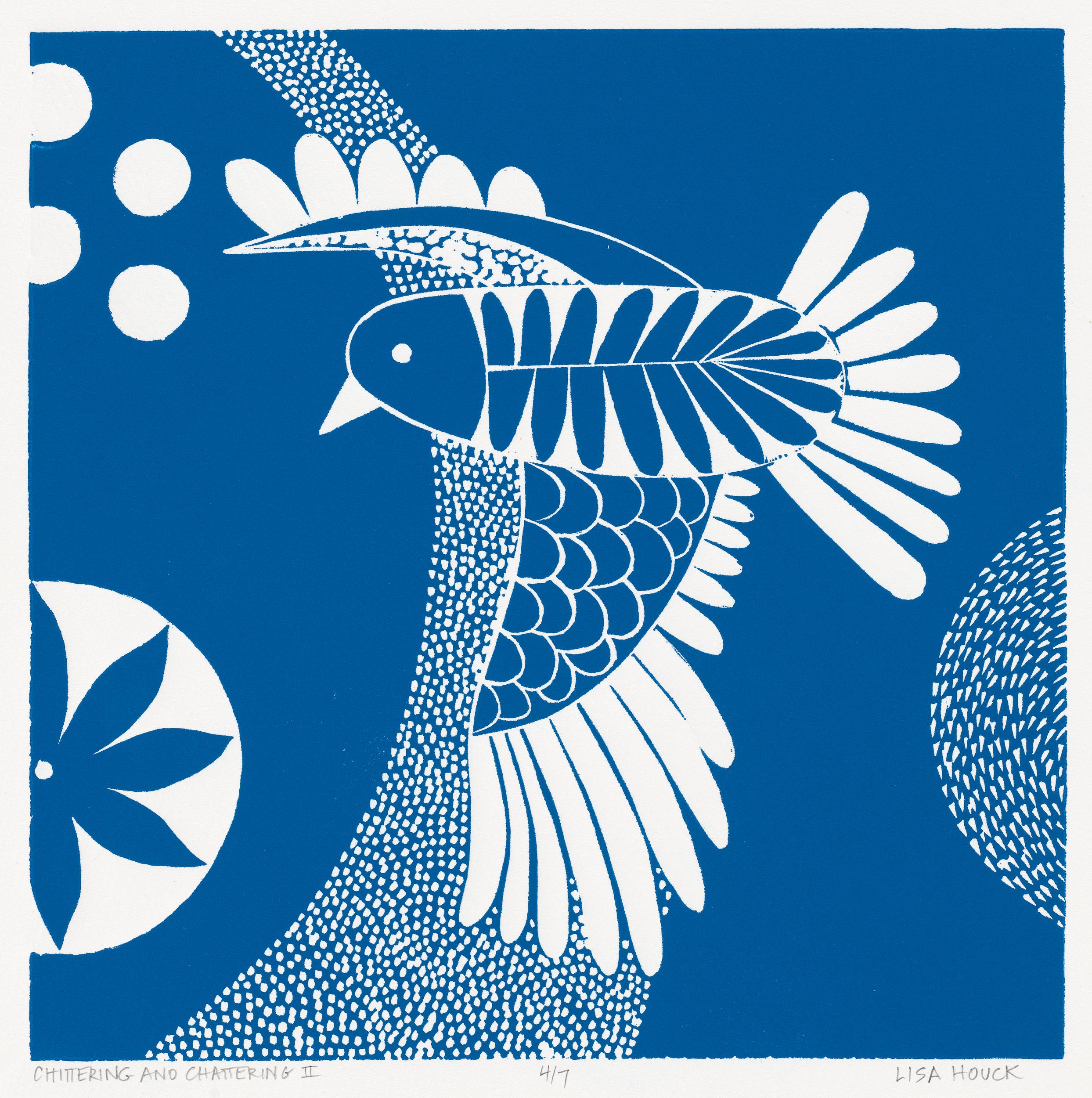 Lisa Houck Animal Print - "Chittering & Chattering II"  Folk inspired linocut series bird, blue and white