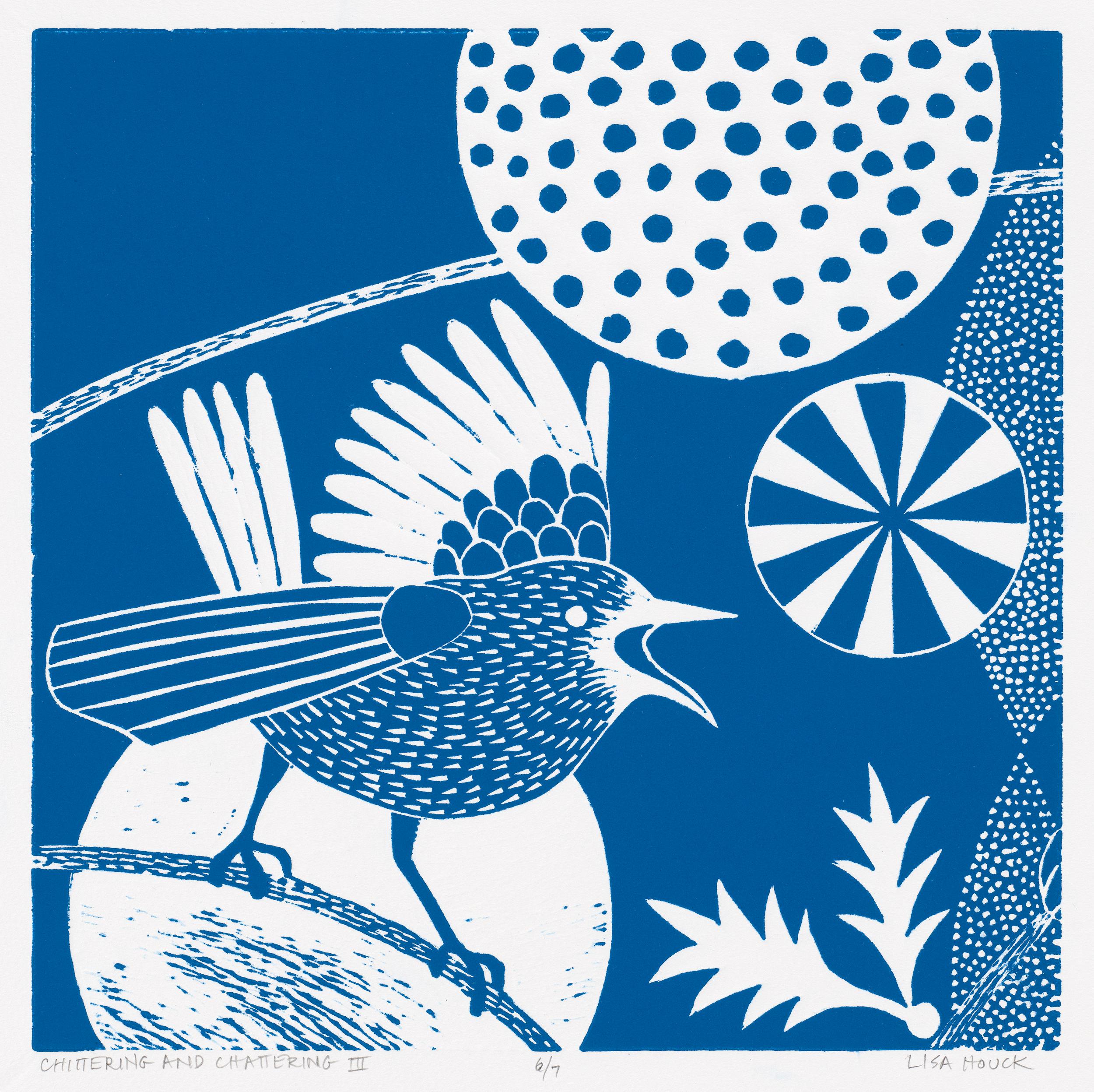 Lisa Houck Animal Print – ""Chittering & Chattering III""  Folk inspirierte Vogelserie im Linolschliff, blau und weiß