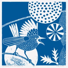"Chittering & Chattering III"  Folk inspired linocut bird series, blue and white