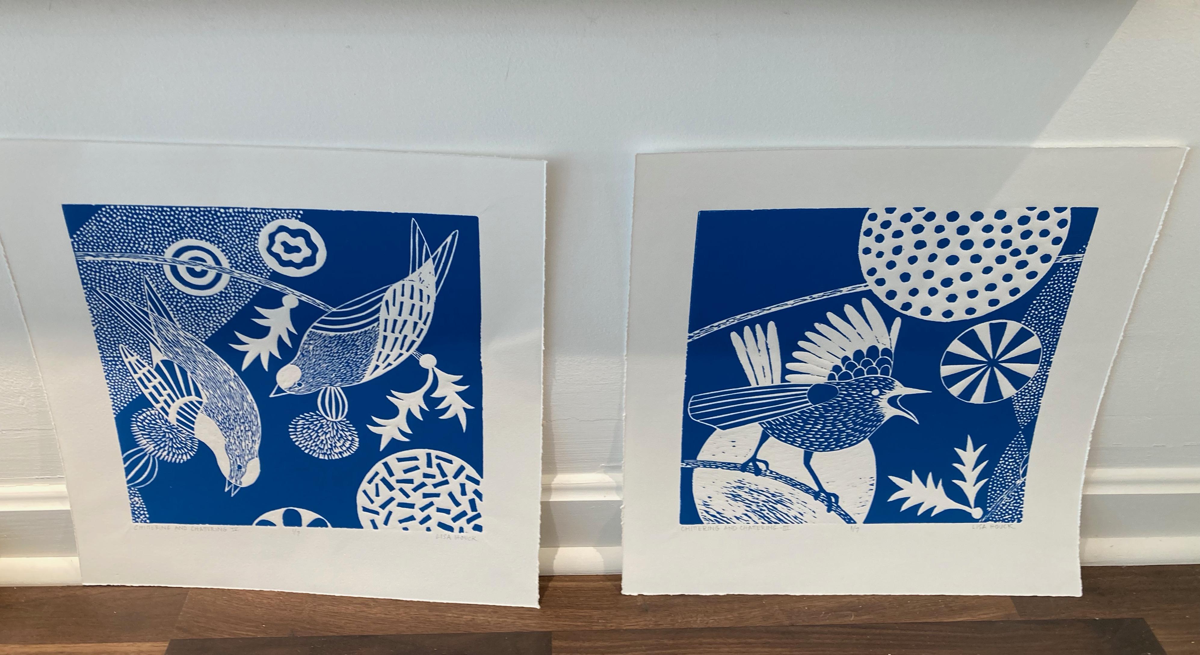 Lisa Houck
'Chittering and Chattering V'  
Linoleum Block Print,  Edition 10  
11 1/2  x 11 1/2 Inches    (Image Size)

This is one of a series of 6 related bird prints, identical in size and each the same shade of bright blue and white, which are
