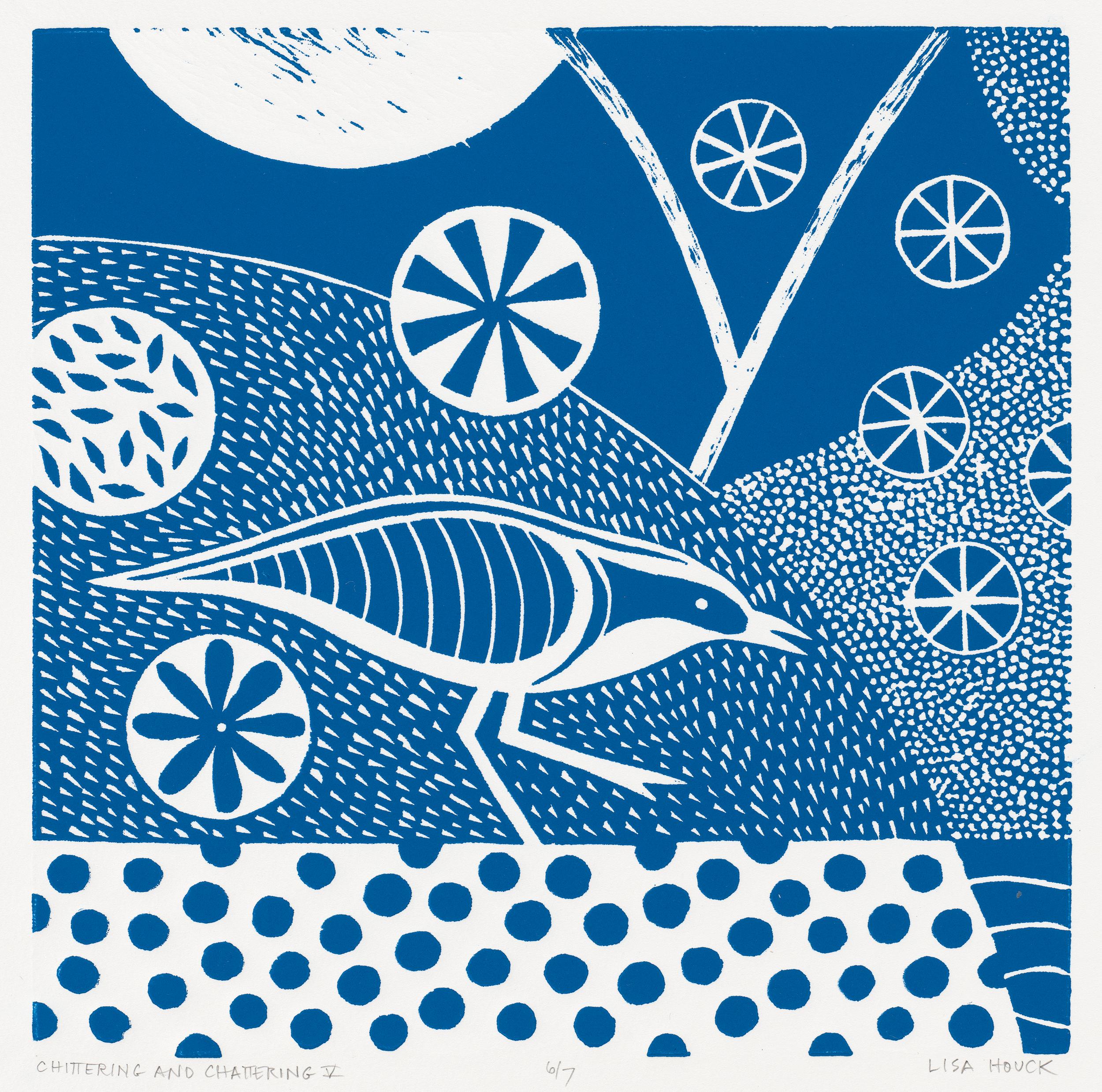 « Chittering & Chattering V »  série de linogravures d'oiseaux d'inspiration folklorique en bleu et blanc