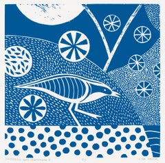'Chittering & Chattering V'  Folk inspired linocut bird series in blue and white