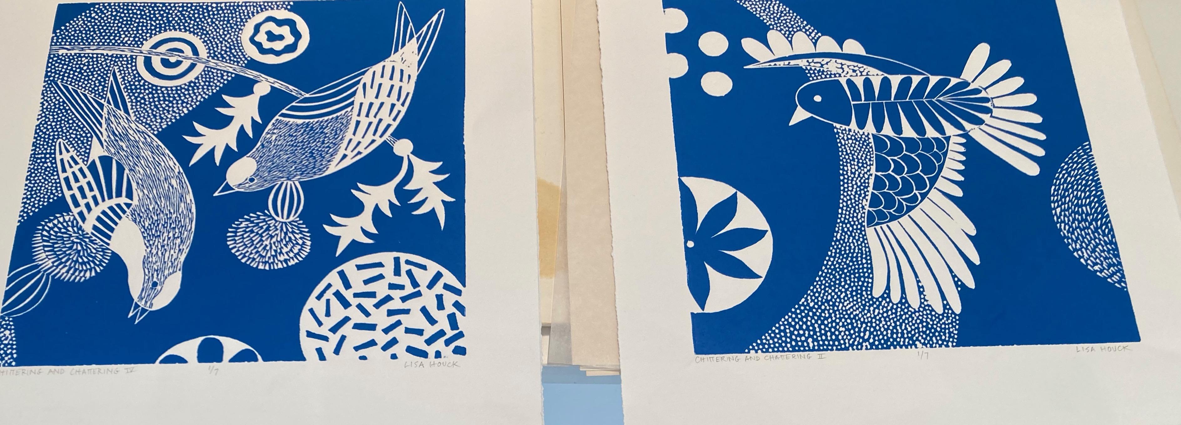 'Chittering & Chattering VI'  Folk bright blue/white linoleum bird block print - Print by Lisa Houck