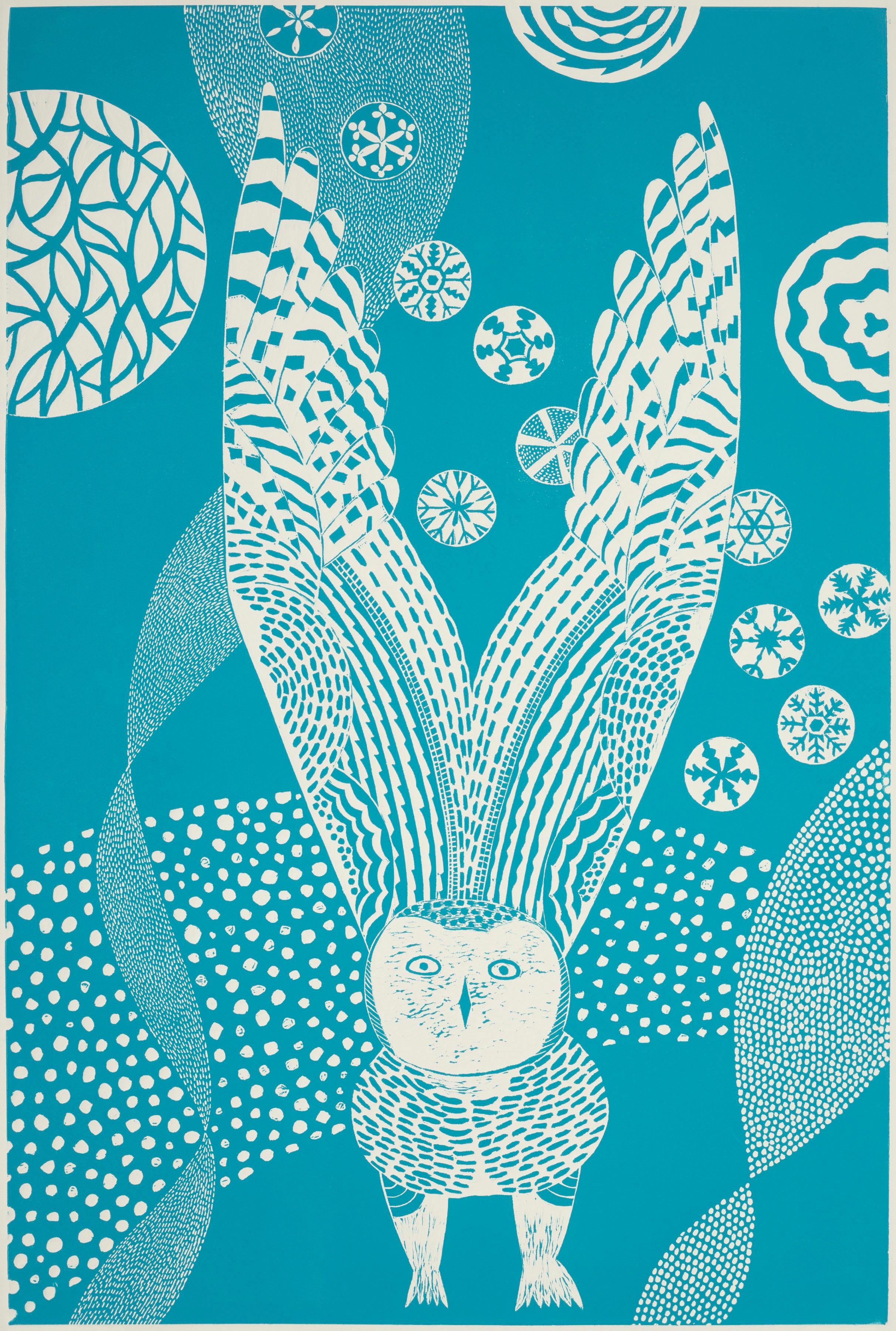 „Dipping and Diving“   Folk inspirierter Linoleum-Blockdruck von Enten in Blau/Weiß im Angebot 5