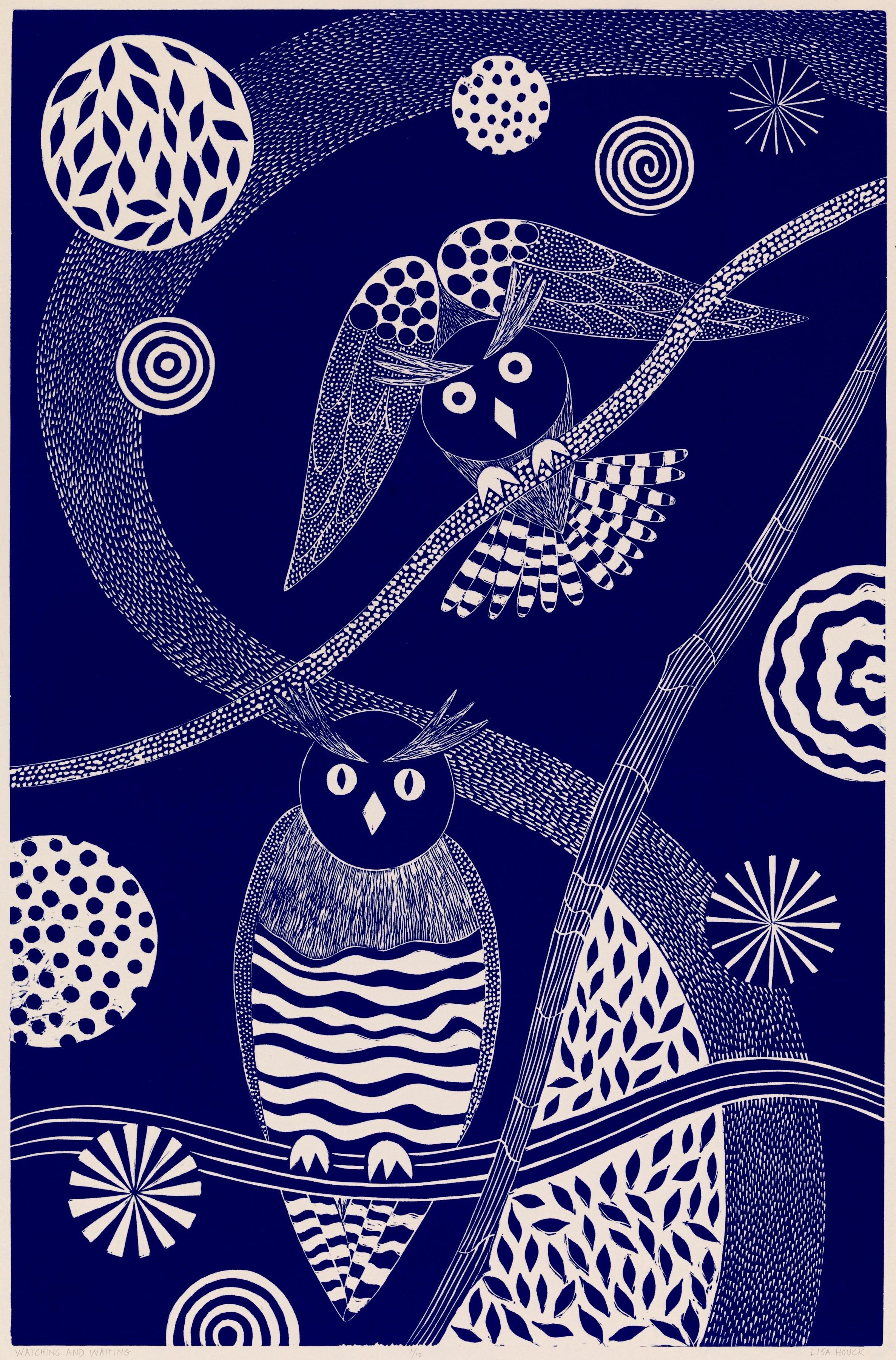 „Dipping and Diving“   Folk inspirierter Linoleum-Blockdruck von Enten in Blau/Weiß (Schwarz), Animal Print, von Lisa Houck