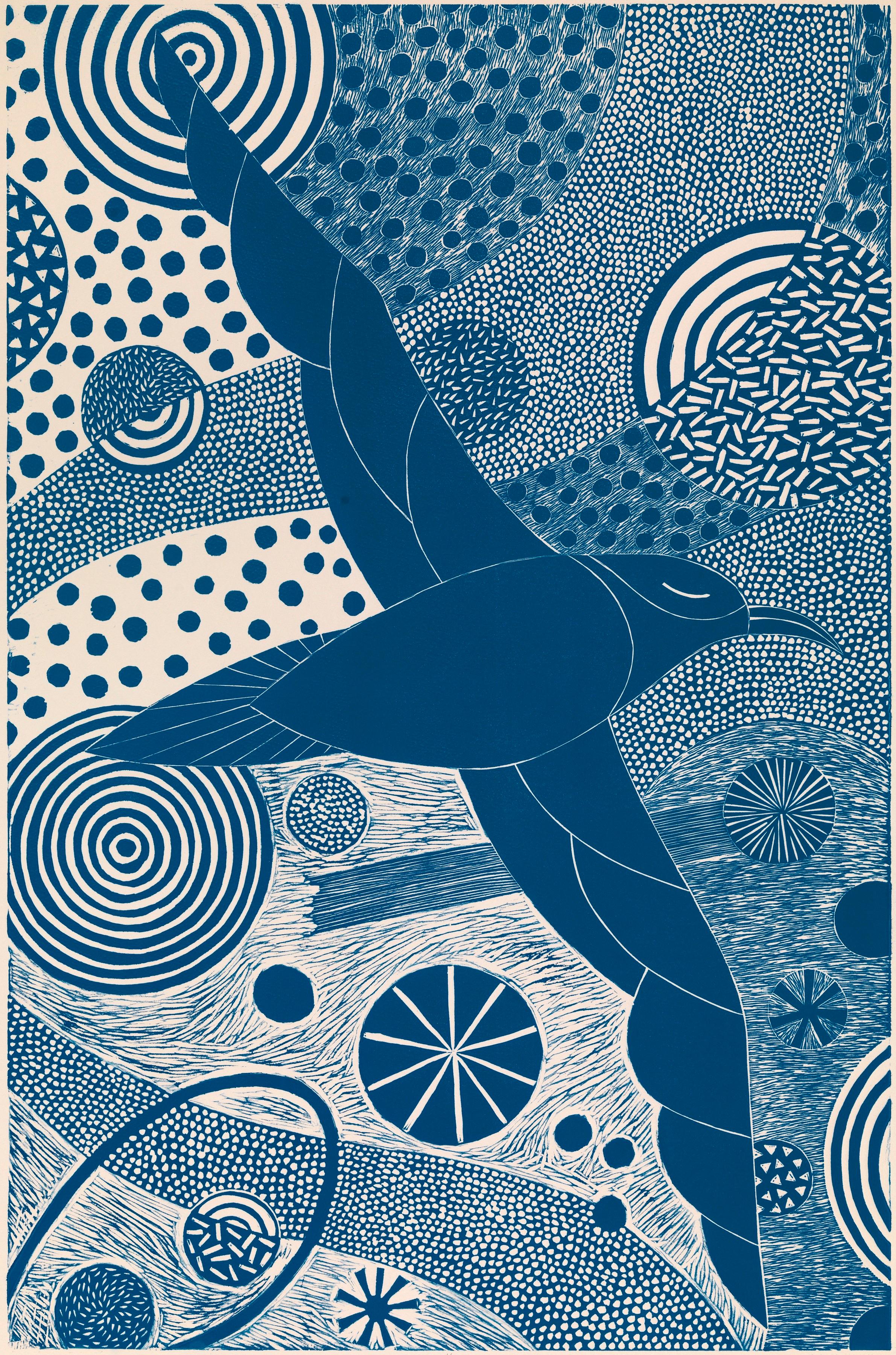 'Dipping and Diving'   Folk inspired linoleum block print of ducks in blue/white For Sale 1