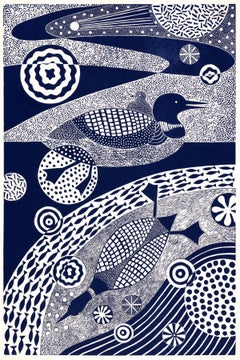 „Dipping and Diving“   Folk inspirierter Linoleum-Blockdruck von Enten in Blau/Weiß