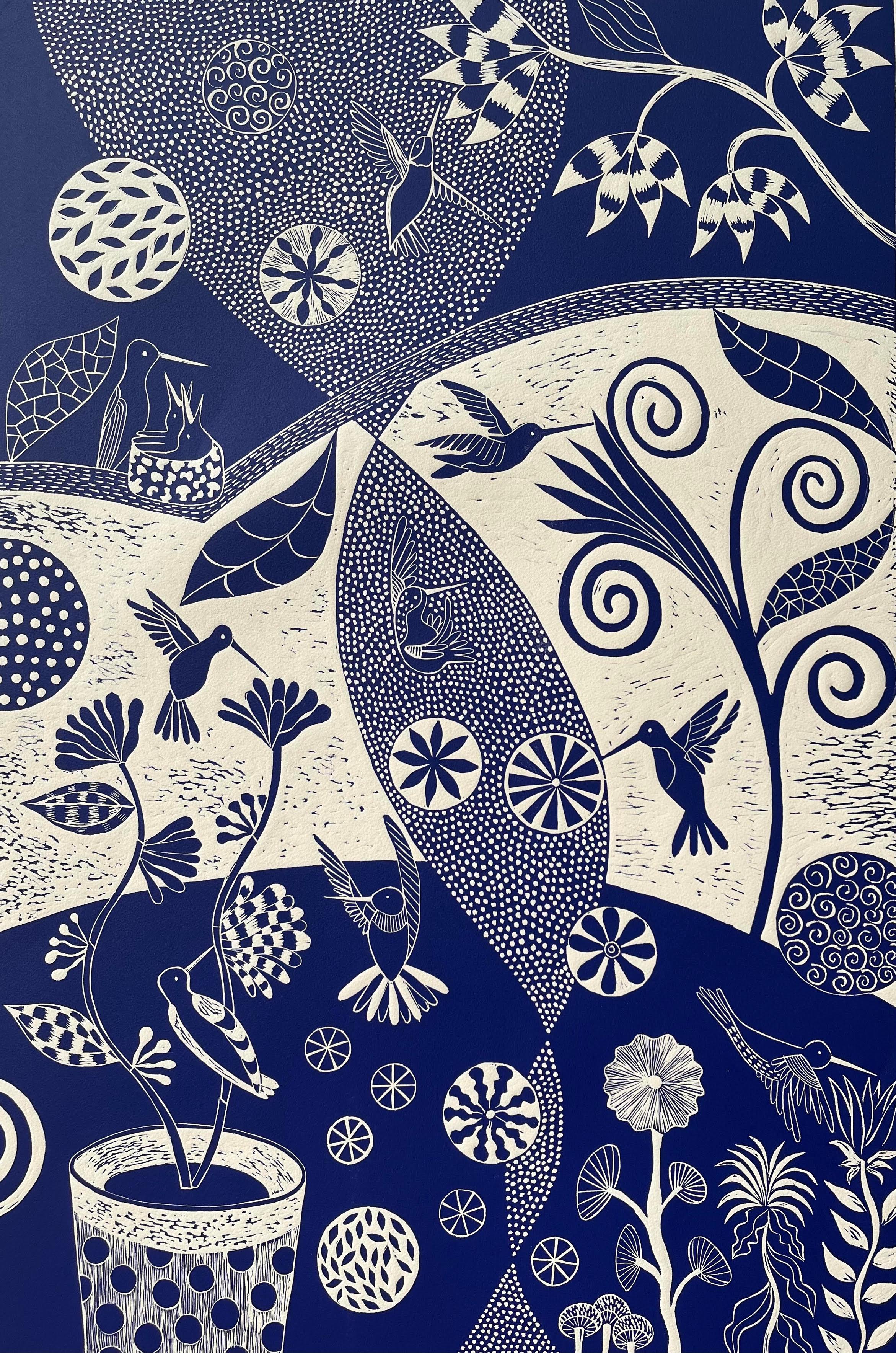 "Humming and Harmonizing"  Folk Art inspired hummingbird print, blue / off white