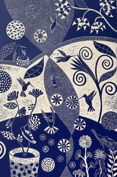 Used "Humming and Harmonizing"  Folk Art inspired hummingbird print, blue / off white
