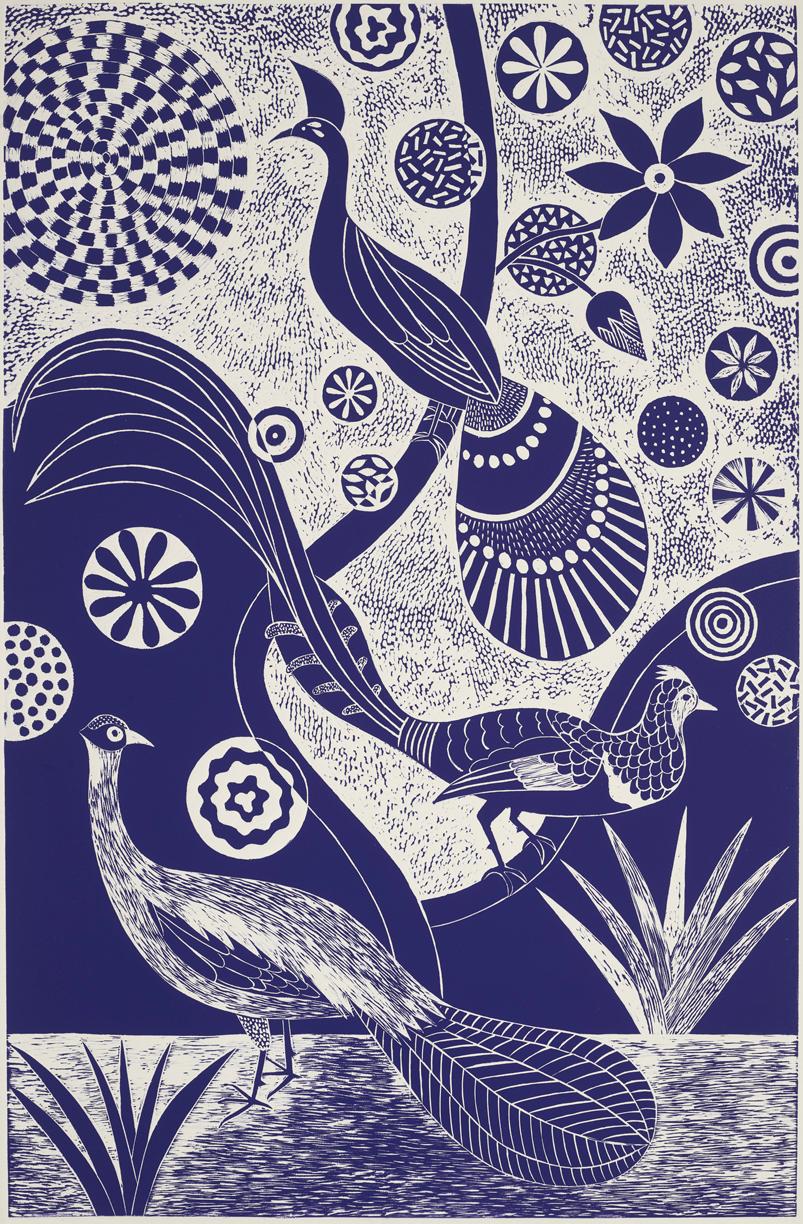 Lisa Houck Animal Print - "Preening and Posing, "   Folk inspired Blue and White Linoleum Print of Peacocks