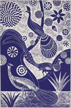 "Preening and Posing, "   Folk inspired Blue and White Linoleum Print of Peacocks