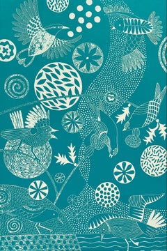 "Reigning and Roosting"   Folk Art inspired linoleum block bird print, deep blue
